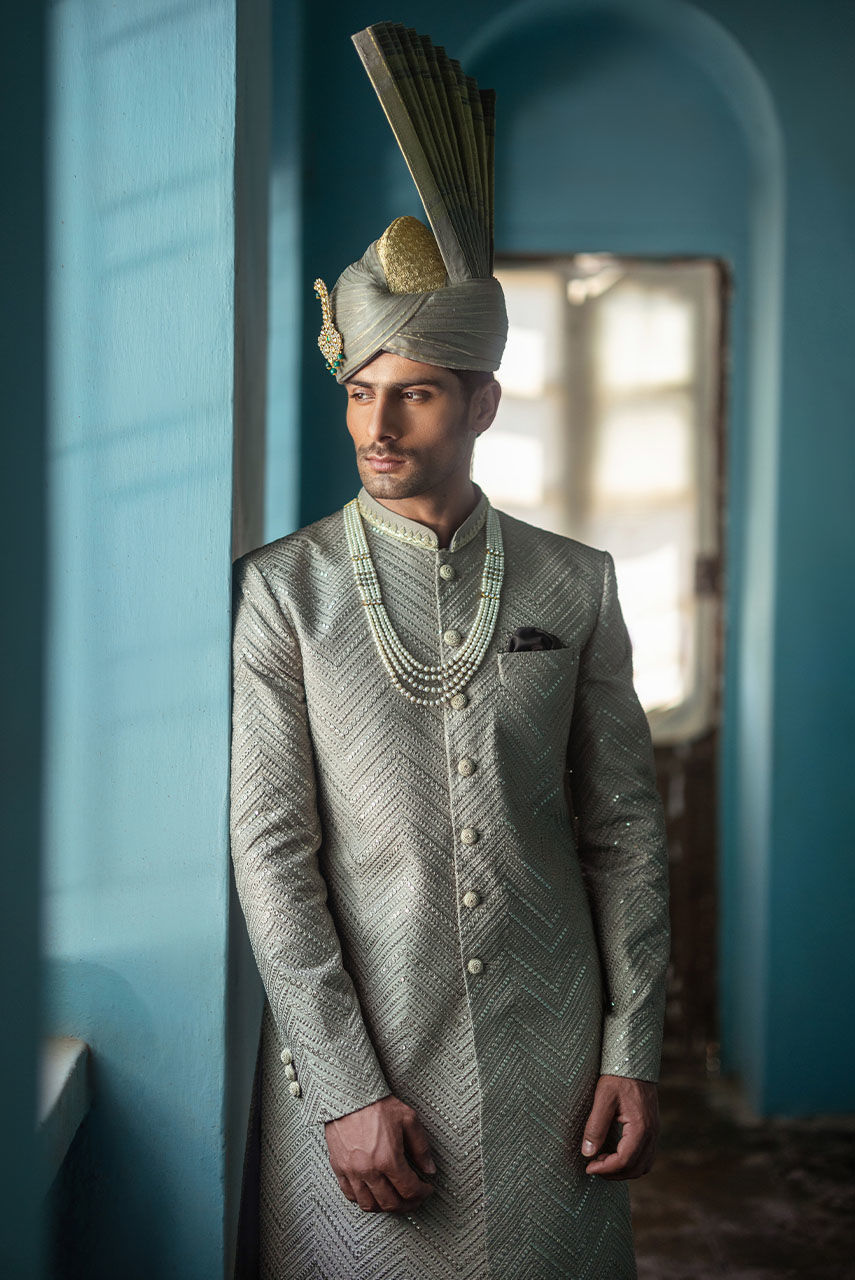 Light Grey Hand-Embroidered Raw Silk Sherwani (2-Piece) - Image 2