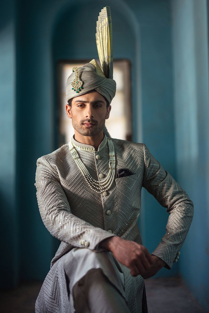 Light Grey Hand-Embroidered Raw Silk Sherwani (2-Piece) - Image 3