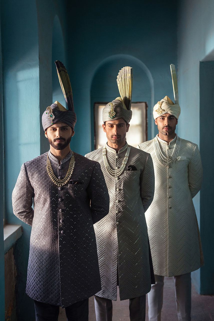 Light Grey Hand-Embroidered Raw Silk Sherwani (2-Piece) - Image 4