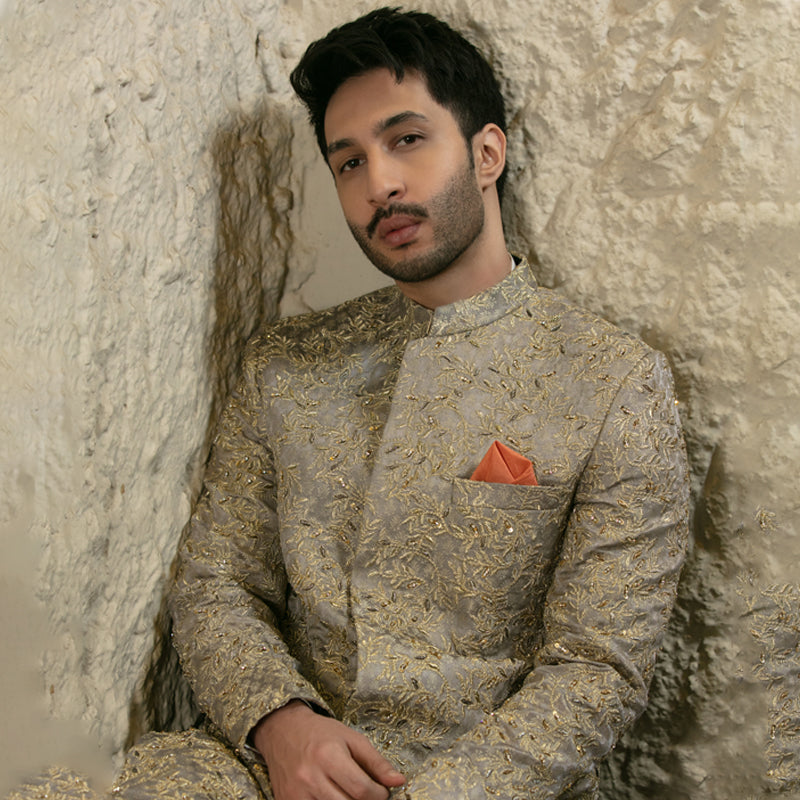 Grey Gold Hand-Embellished Silk-Blend Sherwani (2-Piece) - Image 1