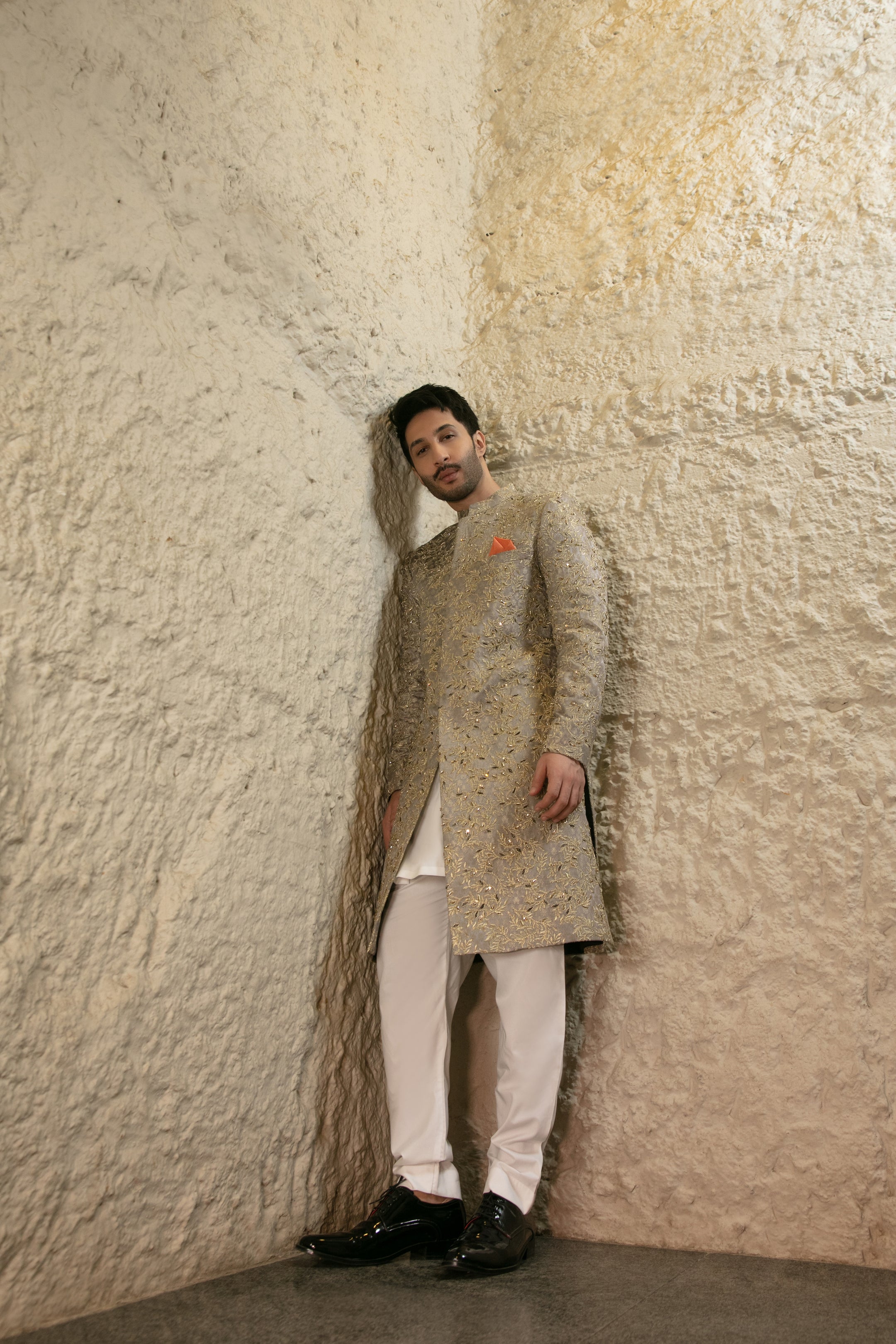 Grey Gold Hand-Embellished Silk-Blend Sherwani (2-Piece) - Image 2