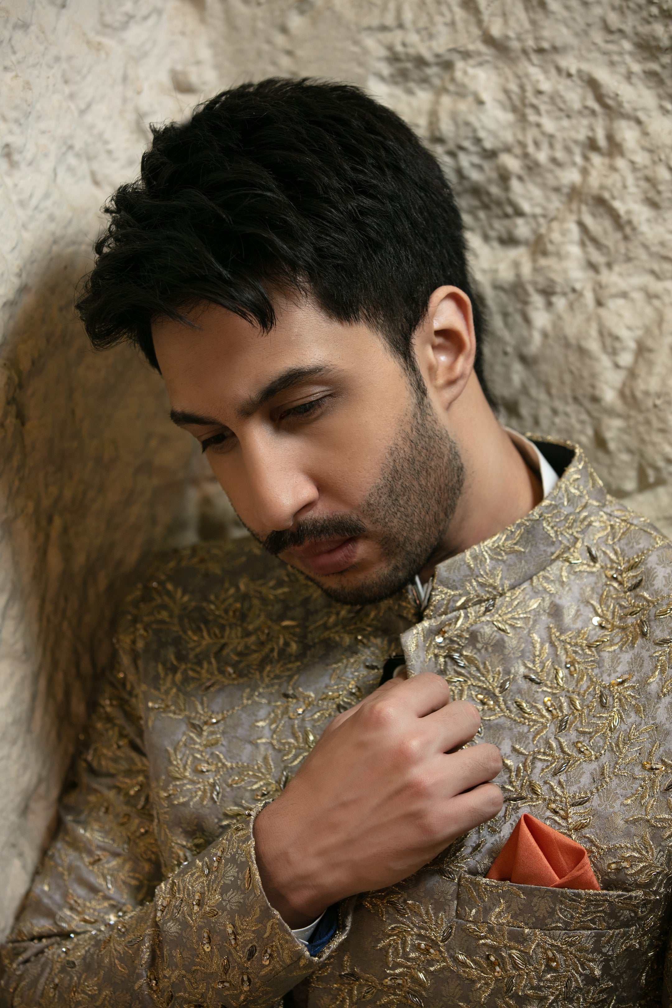 Grey Gold Hand-Embellished Silk-Blend Sherwani (2-Piece) - Image 4