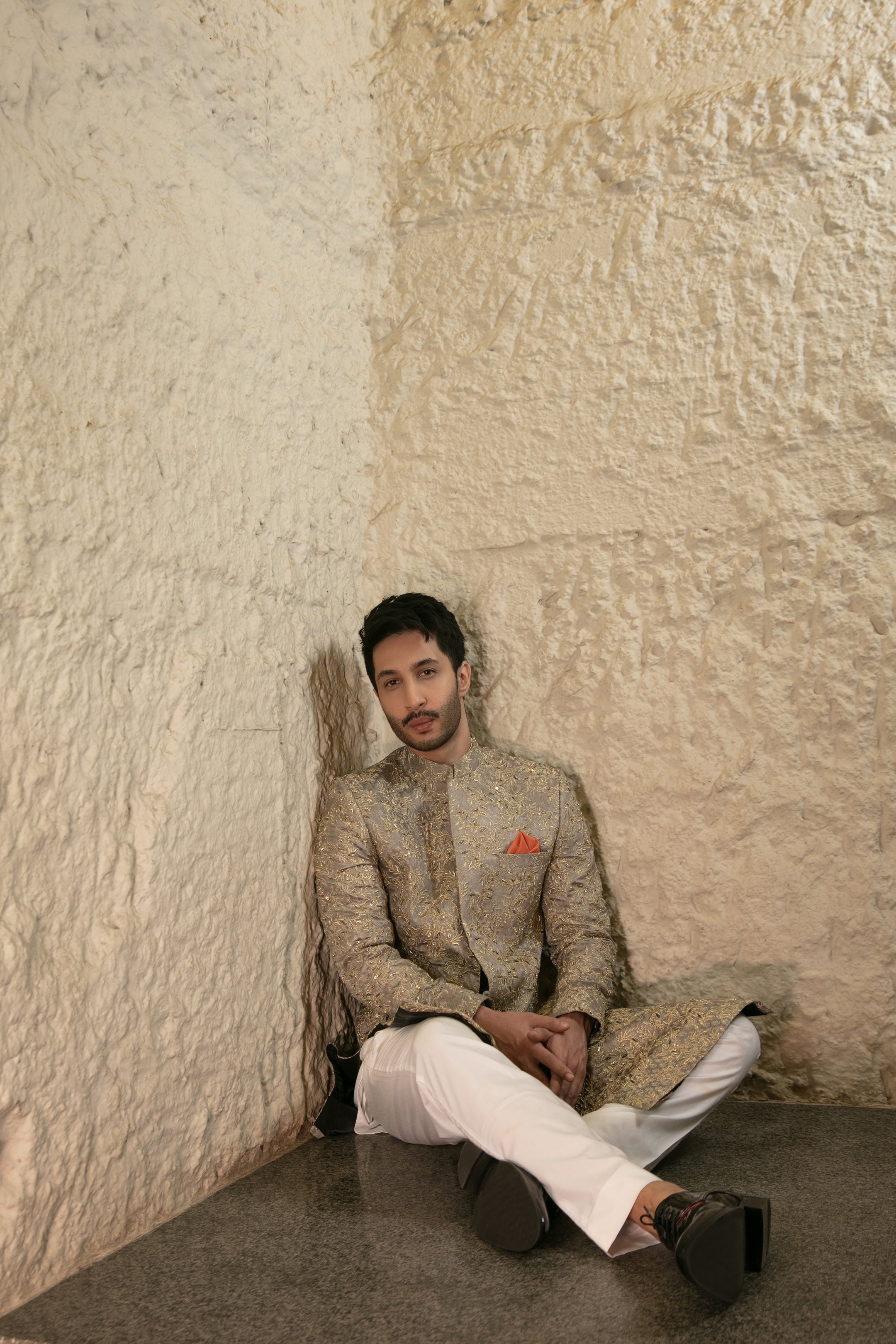 Grey Gold Hand-Embellished Silk-Blend Sherwani (2-Piece) - Image 5