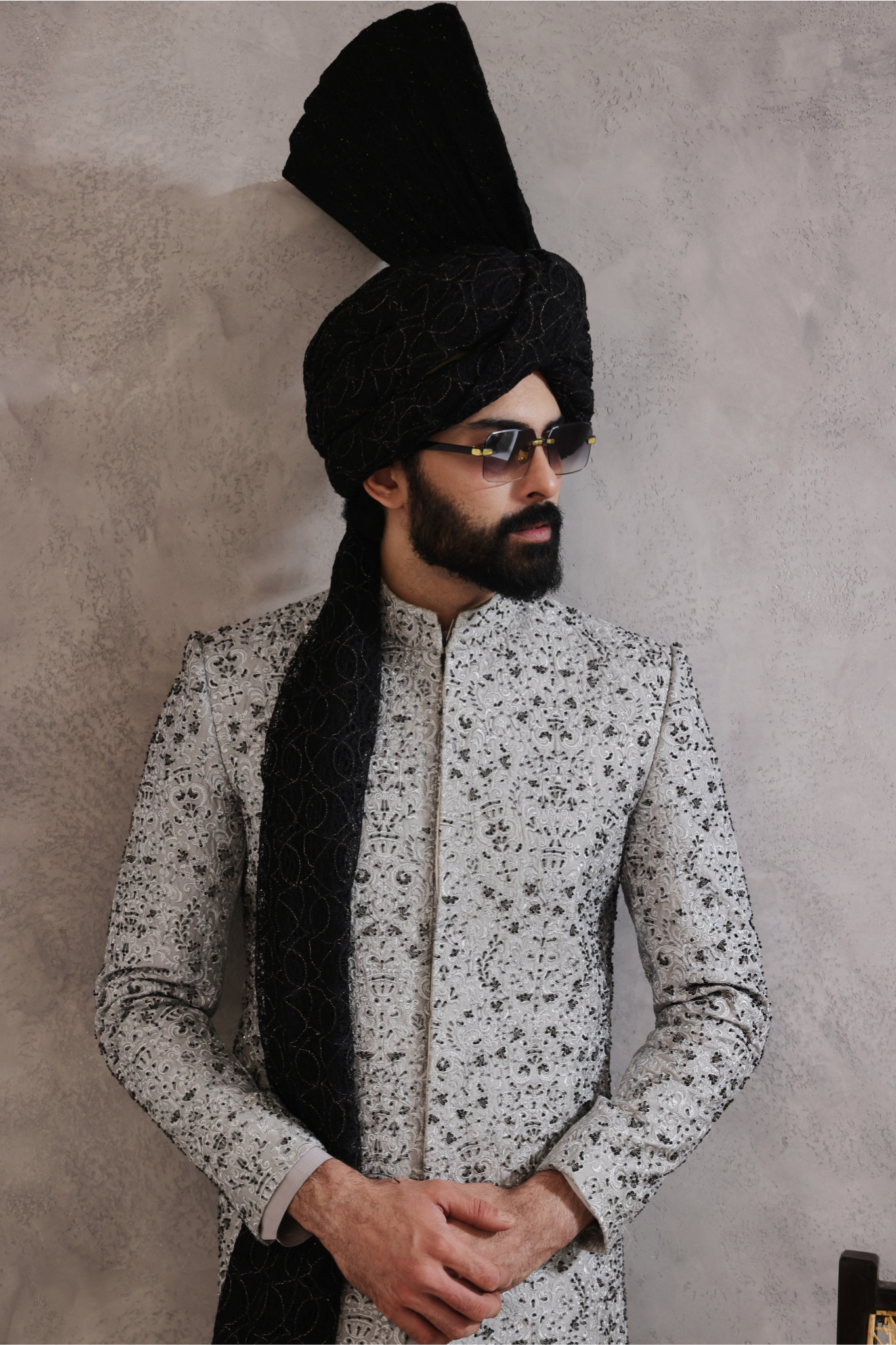 Grey Hand-Embellished Silk-Blend Sherwani (3-Piece) - Image 1