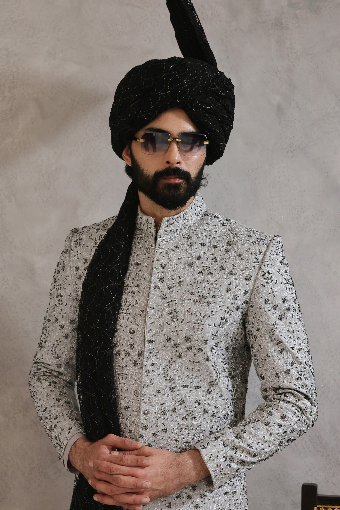 Grey Hand-Embellished Silk-Blend Sherwani (3-Piece) - Image 2