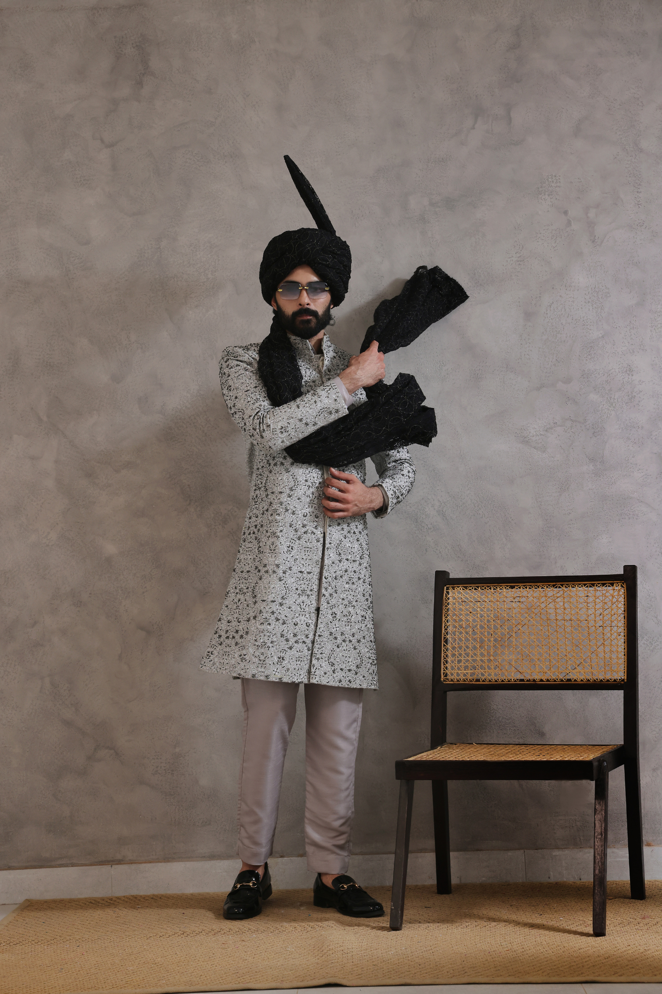 Grey Hand-Embellished Silk-Blend Sherwani (3-Piece) - Image 3