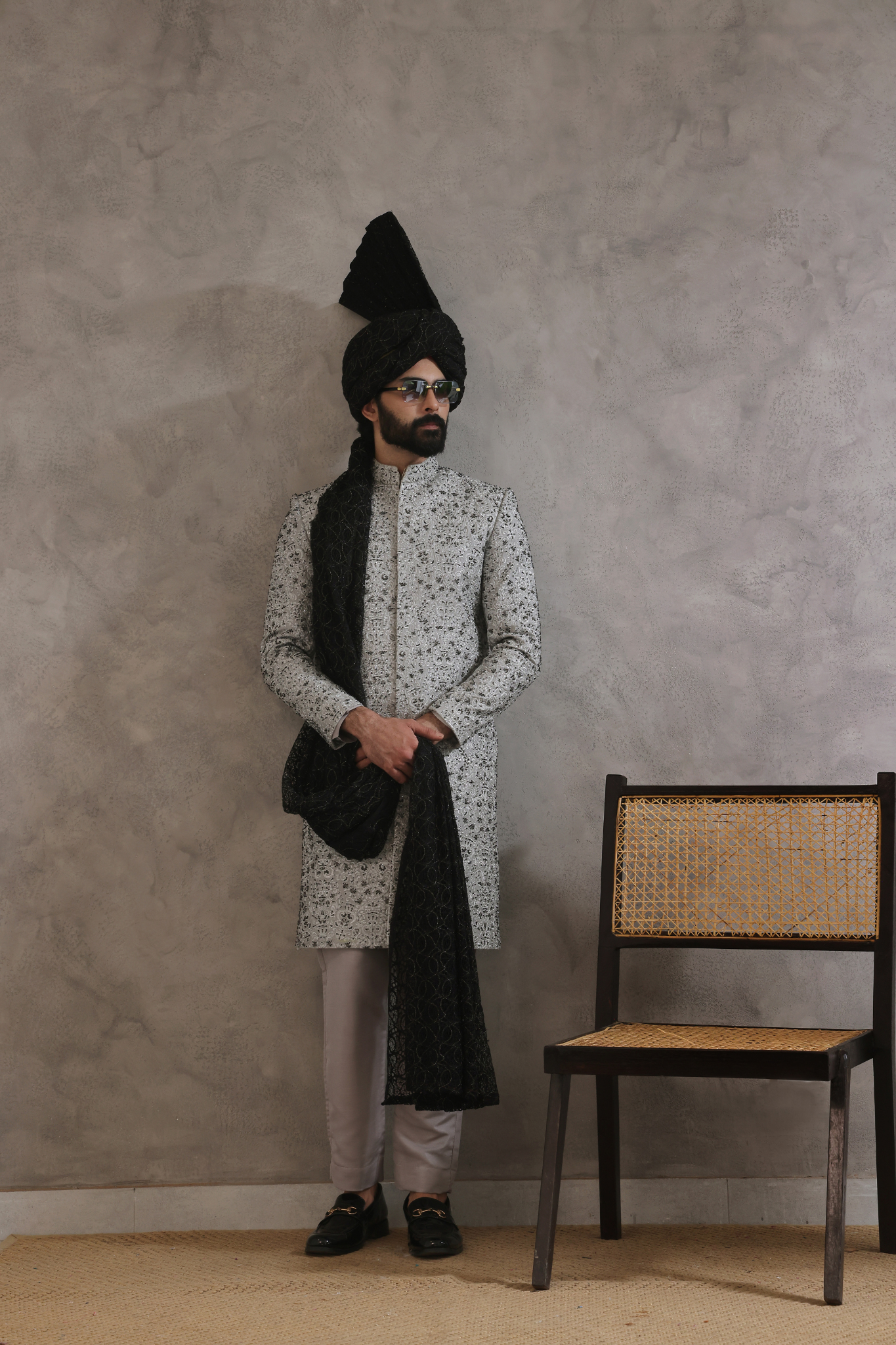 Grey Hand-Embellished Silk-Blend Sherwani (3-Piece) - Image 4