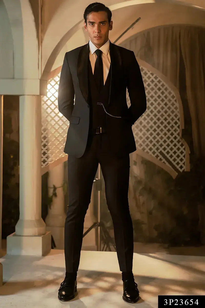 Charcoal Grey Satin Shawl Lapel 3-Piece Tuxedo - Image 1