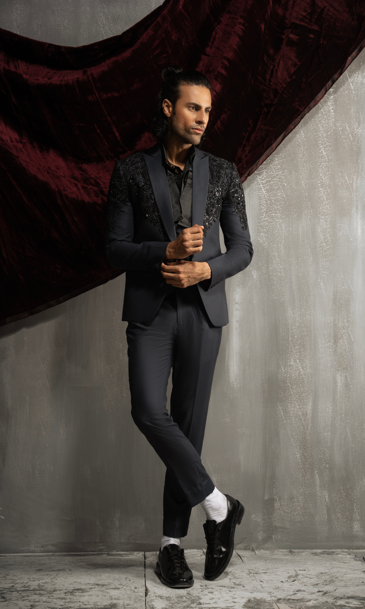 Charcoal Grey Embellished Suiting Tuxedo (2-Piece) - Image 1