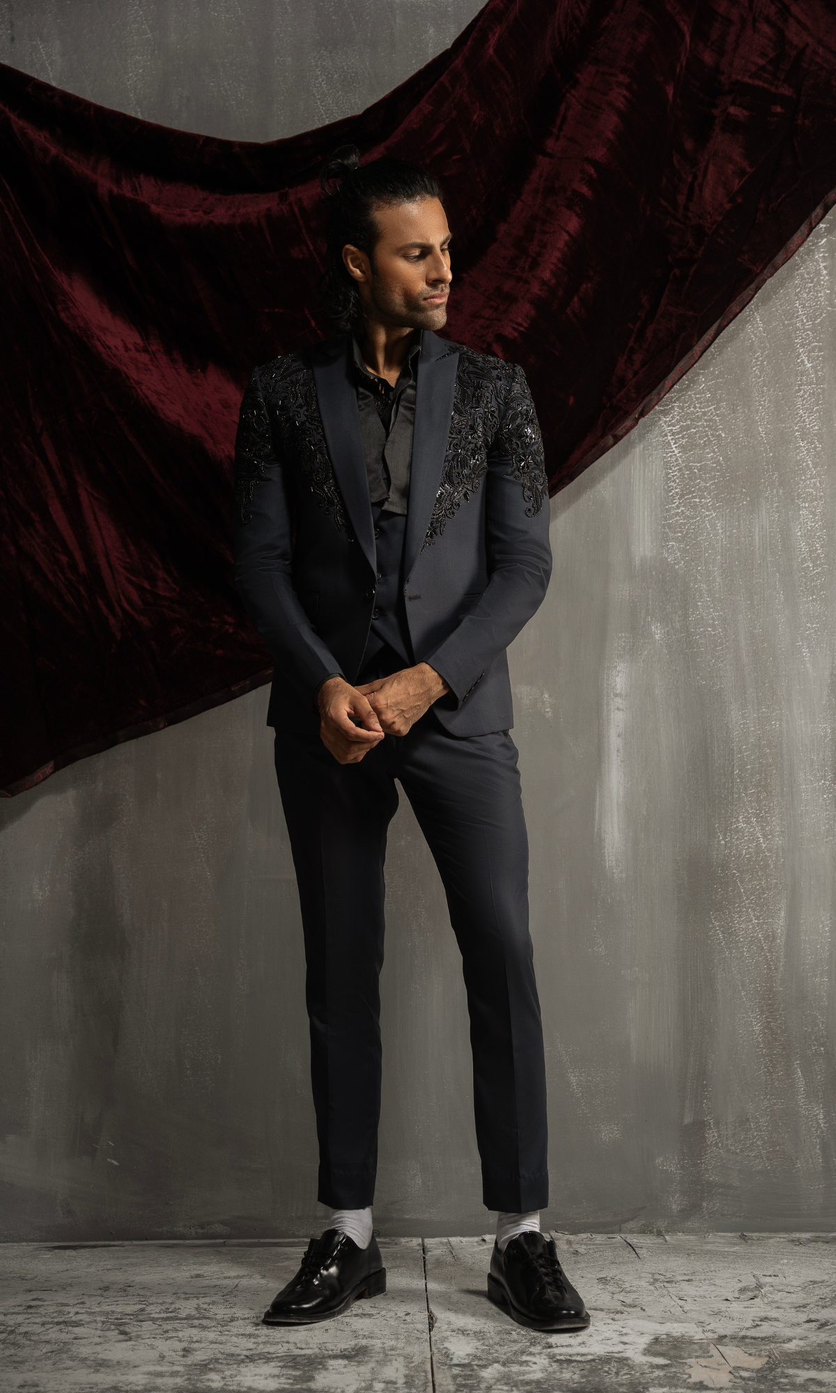 Charcoal Grey Embellished Suiting Tuxedo (2-Piece) - Image 2