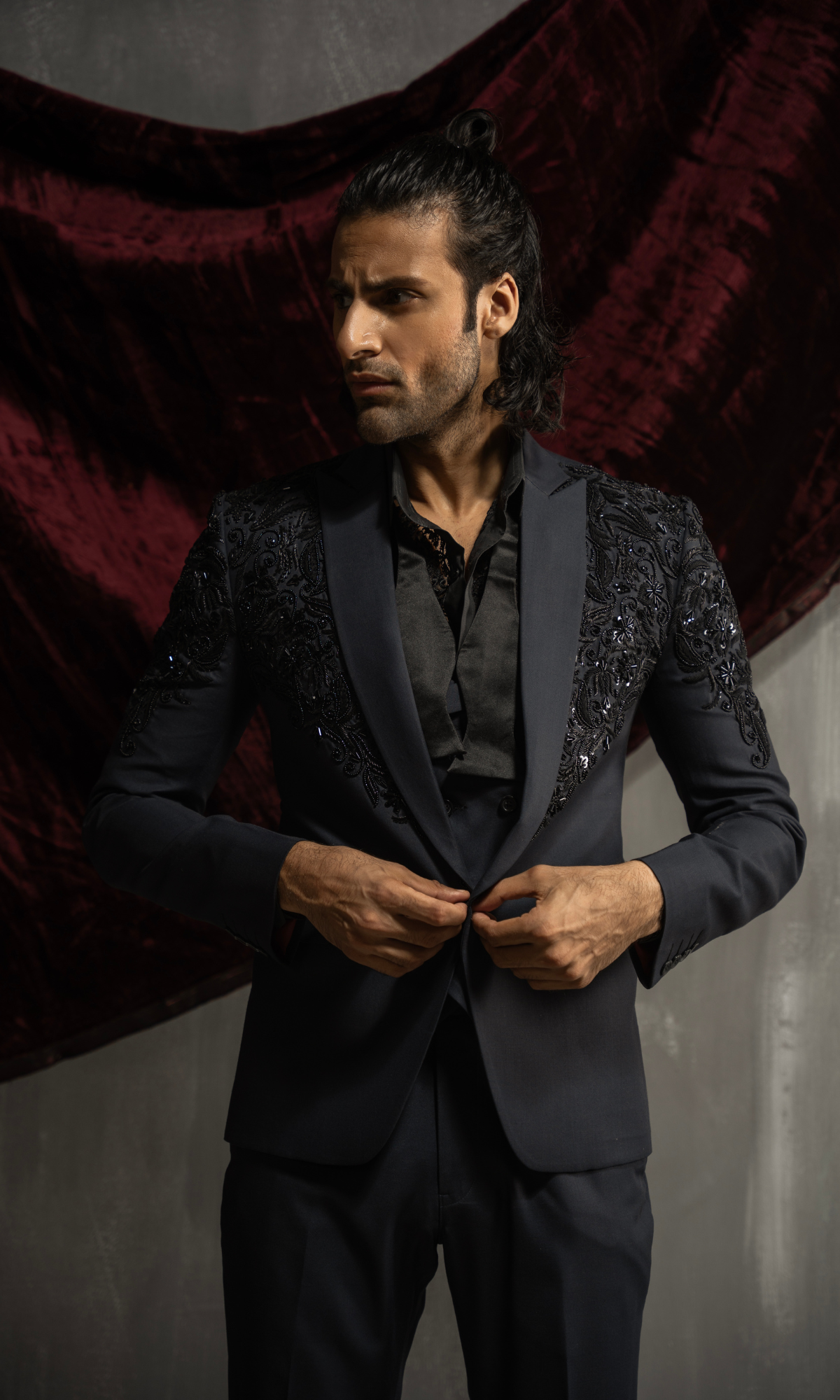 Charcoal Grey Embellished Suiting Tuxedo (2-Piece) - Image 5