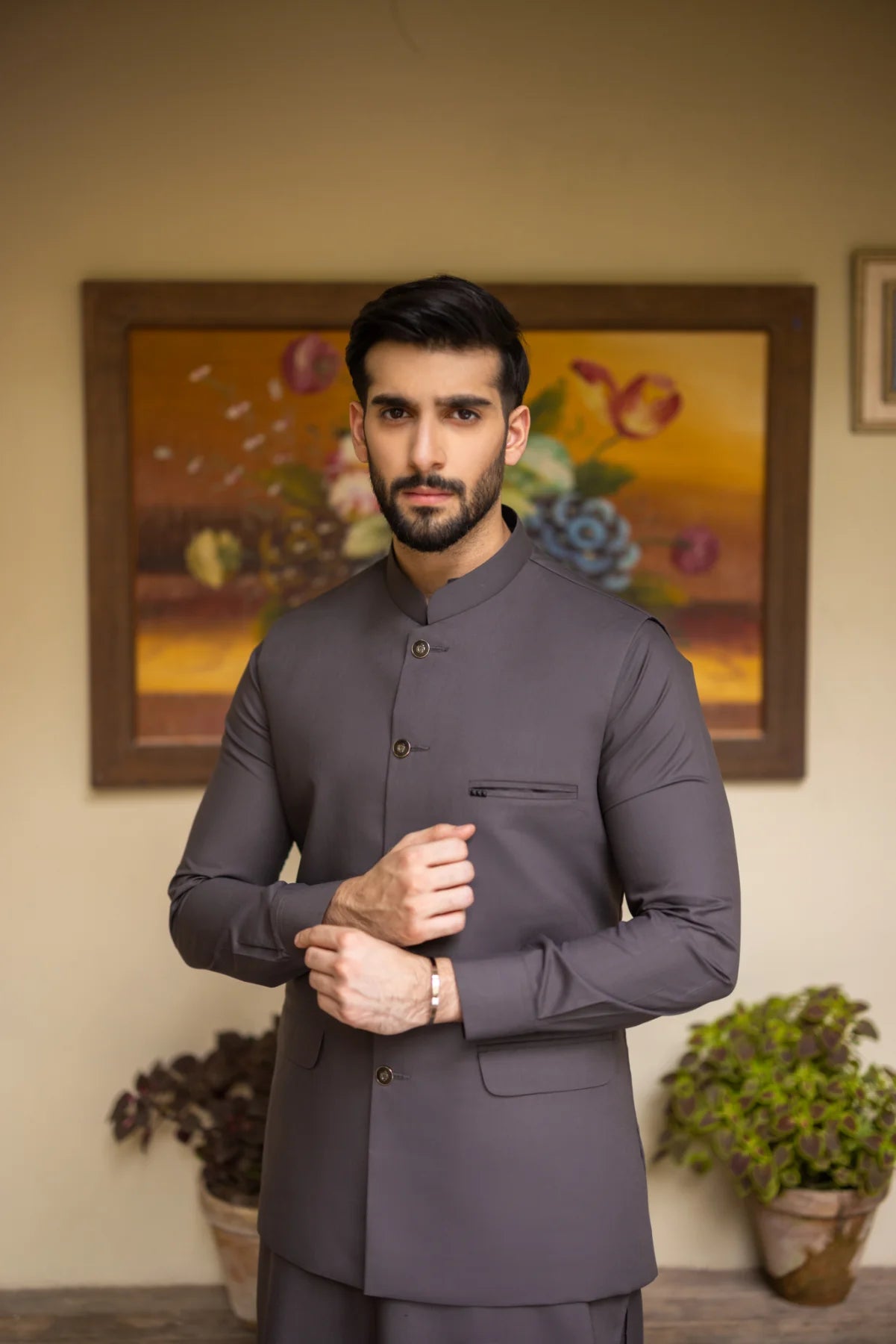 Grey Blended Fabric Waistcoat Kurta Set (3-Piece) - Image 1