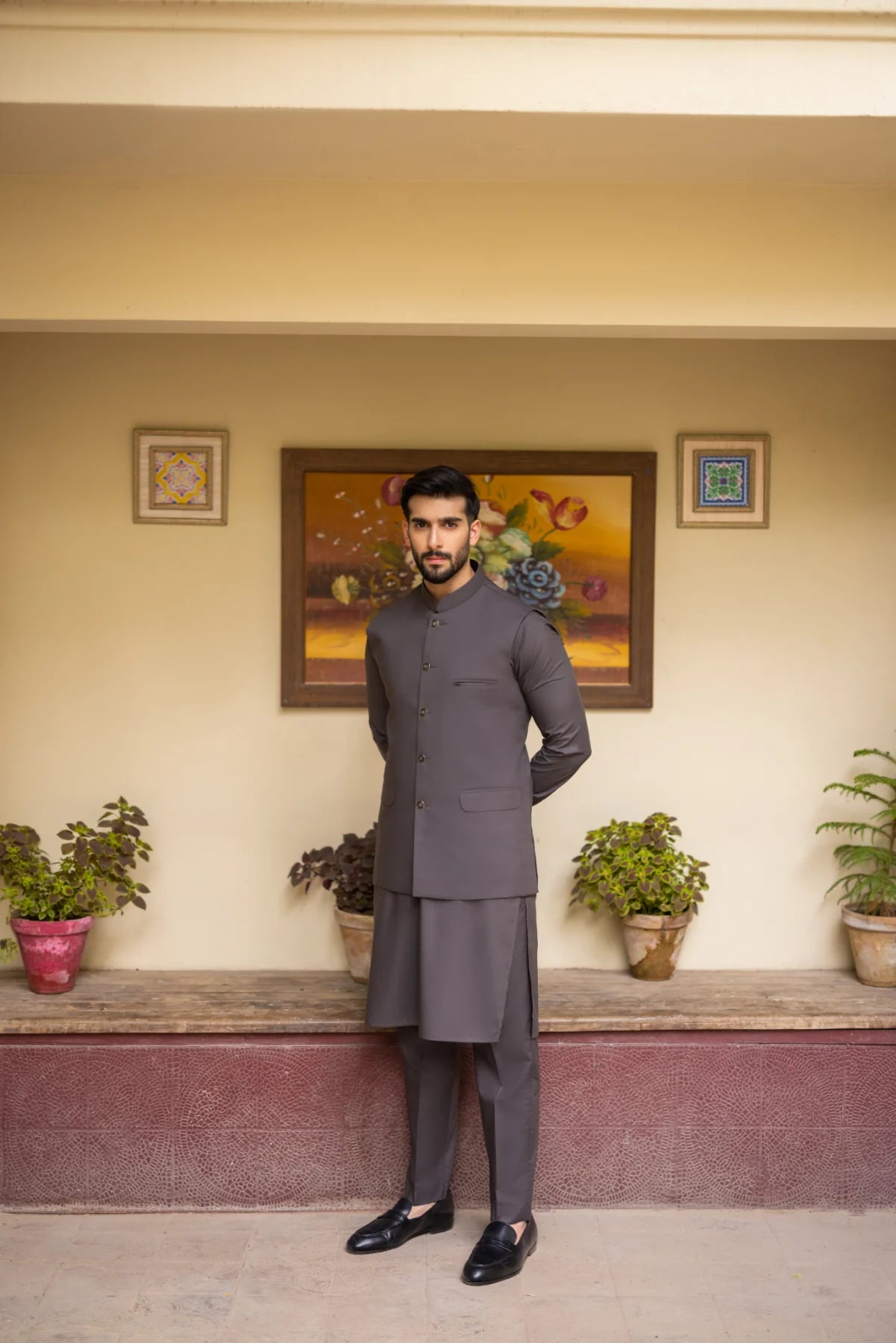 Grey Blended Fabric Waistcoat Kurta Set (3-Piece) - Image 3