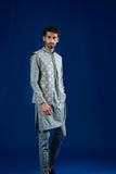 Grey Embroidered Cotton Waistcoat Kurta Pajama (3-Piece) - Image 4