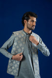 Grey Embroidered Cotton Waistcoat Kurta Pajama (3-Piece) - Image 5