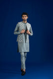 Grey Embroidered Cotton Waistcoat Kurta Pajama (3-Piece) - Image 6