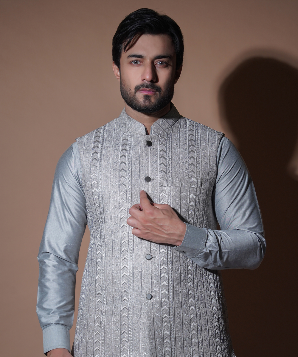Ash Grey Embroidered Cotton-Silk Waistcoat Kurta (3-Piece) - Image 1