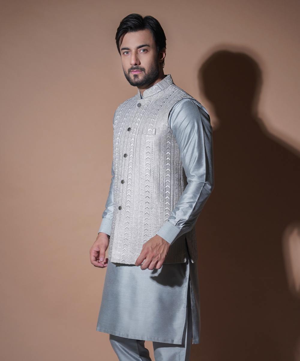Ash Grey Embroidered Cotton-Silk Waistcoat Kurta (3-Piece) - Image 2