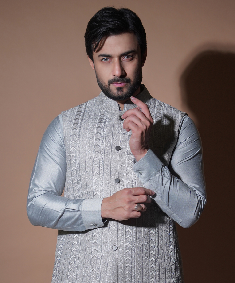 Ash Grey Embroidered Cotton-Silk Waistcoat Kurta (3-Piece) - Image 3
