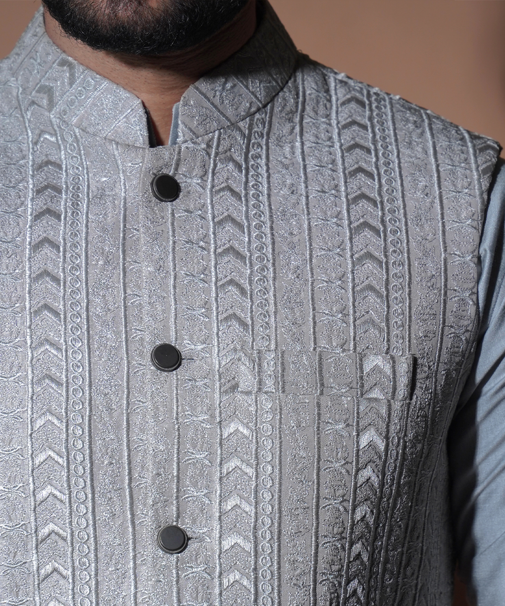 Ash Grey Embroidered Cotton-Silk Waistcoat Kurta (3-Piece) - Image 4
