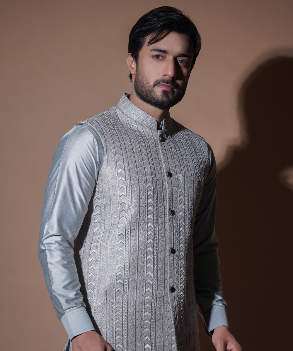 Ash Grey Embroidered Cotton-Silk Waistcoat Kurta (3-Piece) - Image 5