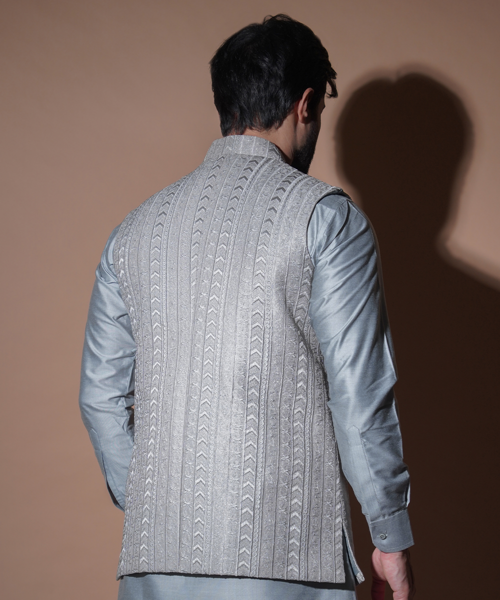 Ash Grey Embroidered Cotton-Silk Waistcoat Kurta (3-Piece) - Image 6