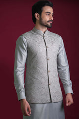 Ash Grey Embroidered Cotton-Silk Waistcoat Kurta (3-Piece) - Image 2
