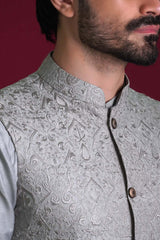 Ash Grey Embroidered Cotton-Silk Waistcoat Kurta (3-Piece) - Image 3