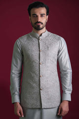 Ash Grey Embroidered Cotton-Silk Waistcoat Kurta (3-Piece) - Image 4