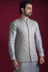 Ash Grey Embroidered Cotton-Silk Waistcoat Kurta (3-Piece) - Image 5