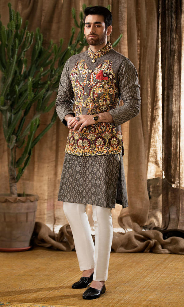 Grey Embroidered Jacquard Waistcoat Kurta (3-Piece) - Image 2