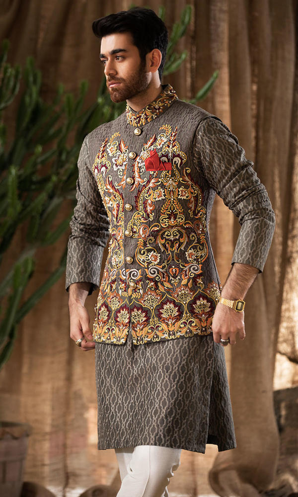 Grey Embroidered Jacquard Waistcoat Kurta (3-Piece) - Image 3