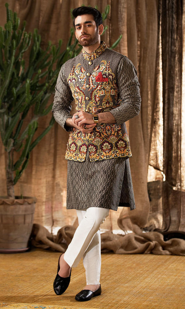 Grey Embroidered Jacquard Waistcoat Kurta (3-Piece) - Image 4