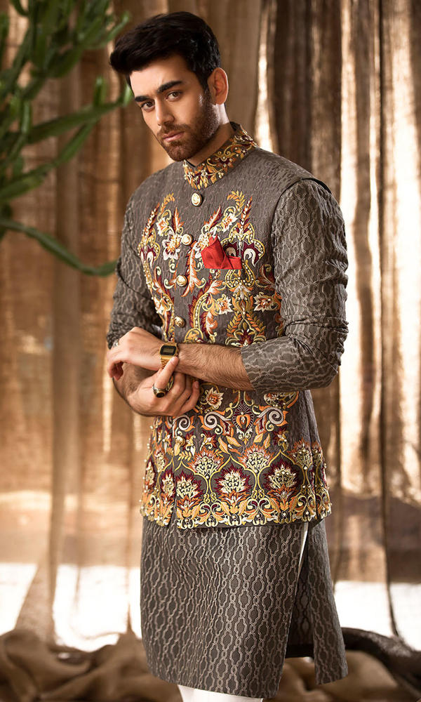 Grey Embroidered Jacquard Waistcoat Kurta (3-Piece) - Image 5