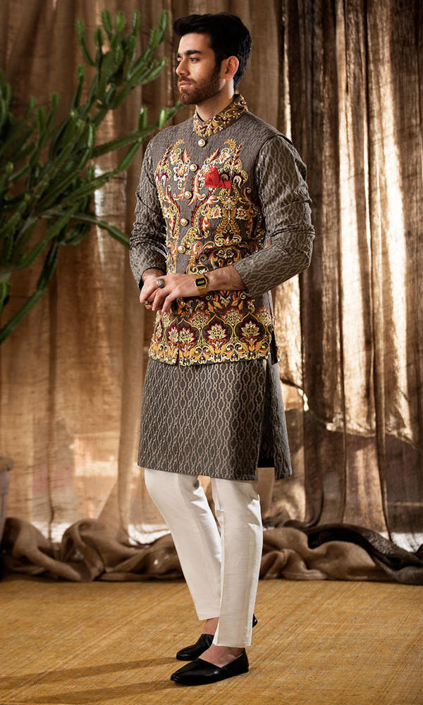 Grey Embroidered Jacquard Waistcoat Kurta (3-Piece) - Image 6