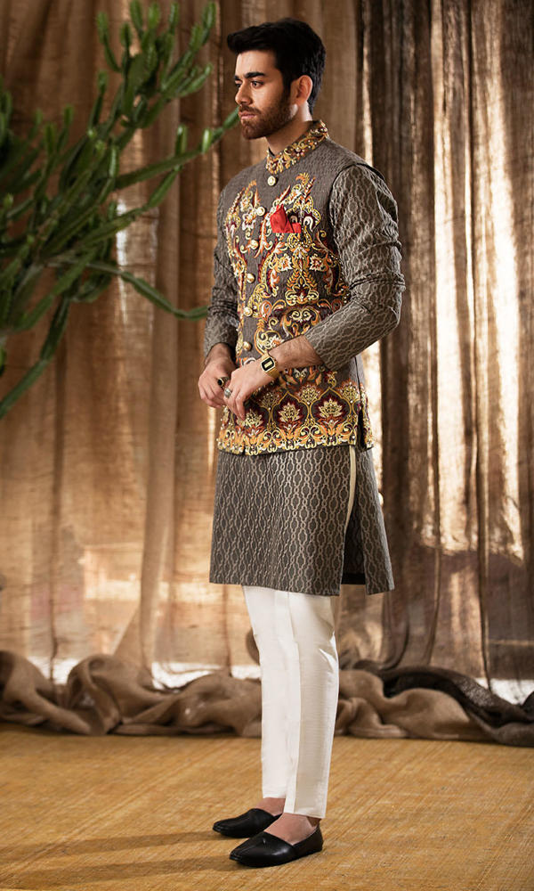 Grey Embroidered Jacquard Waistcoat Kurta (3-Piece) - Image 7