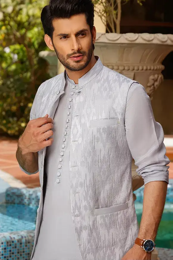 Light Grey Jacquard Waistcoat Kurta (3-Piece) - Image 1