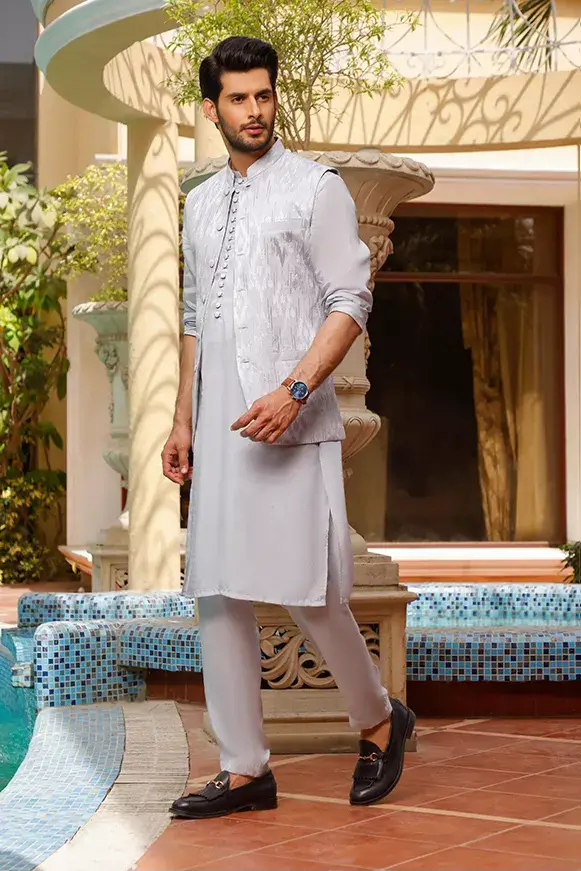 Light Grey Jacquard Waistcoat Kurta (3-Piece) - Image 2