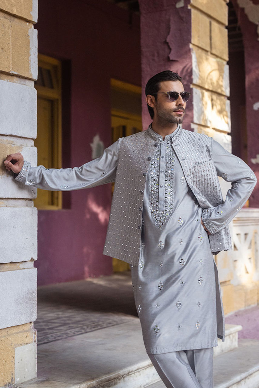 Grey Mirror Work Khaddi Silk Waistcoat Kurta (3-Piece) - Image 2