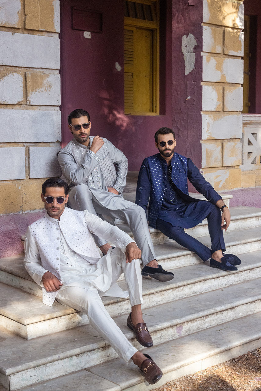 Grey Mirror Work Khaddi Silk Waistcoat Kurta (3-Piece) - Image 5