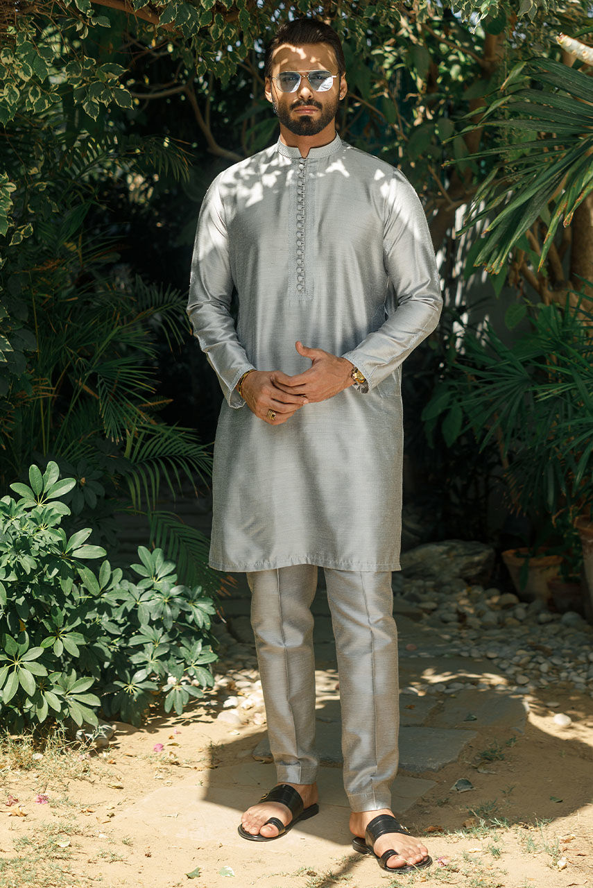 Grey Embroidered Khadi Silk Waistcoat Kurta (3-Piece) - Image 1