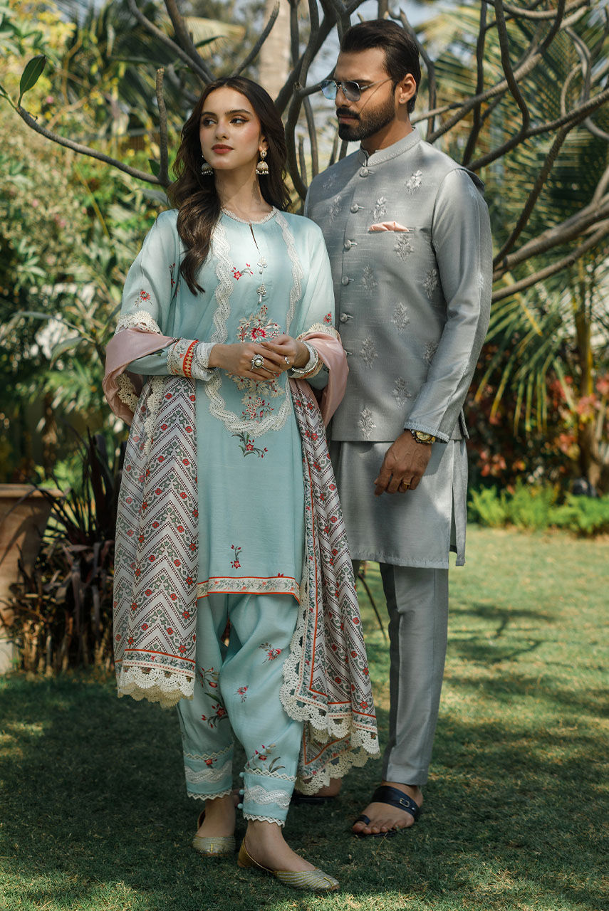 Grey Embroidered Khadi Silk Waistcoat Kurta (3-Piece) - Image 8