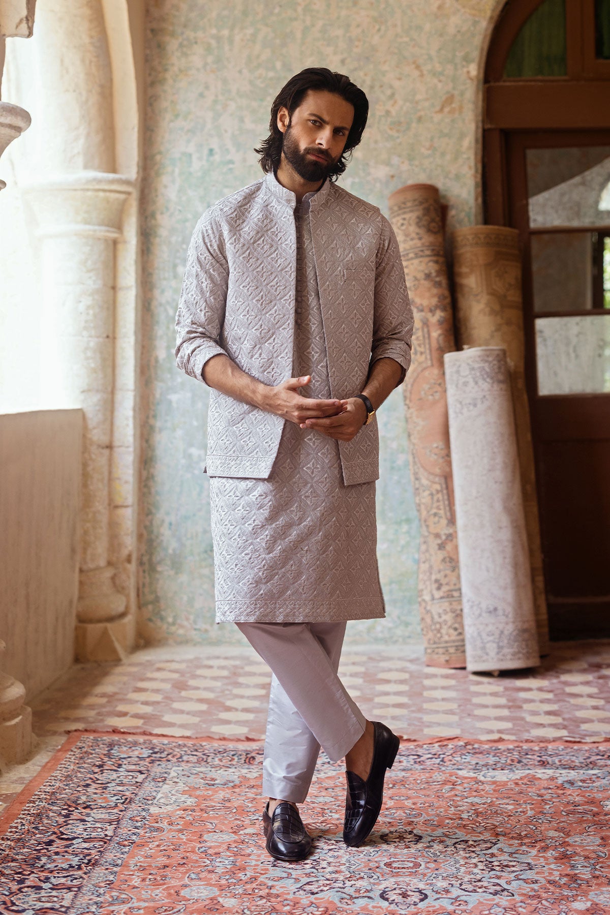 Grey Embroidered Masoori Waistcoat Kurta (3-Piece) - Image 1