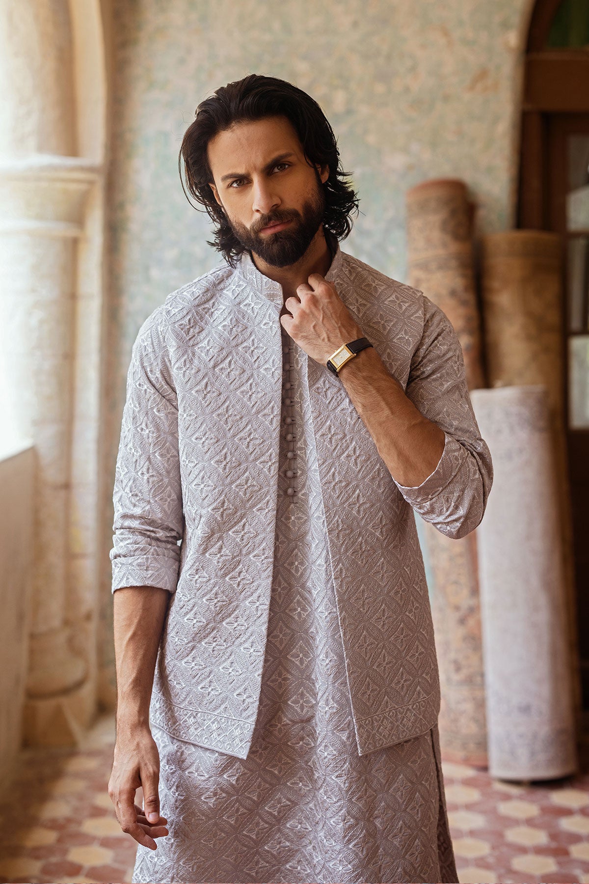 Grey Embroidered Masoori Waistcoat Kurta (3-Piece) - Image 2