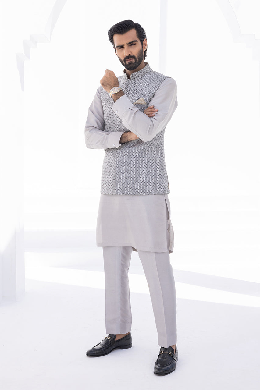 Light Slate Embroidered Raw Silk Waistcoat Kurta (3-Piece) - Image 1