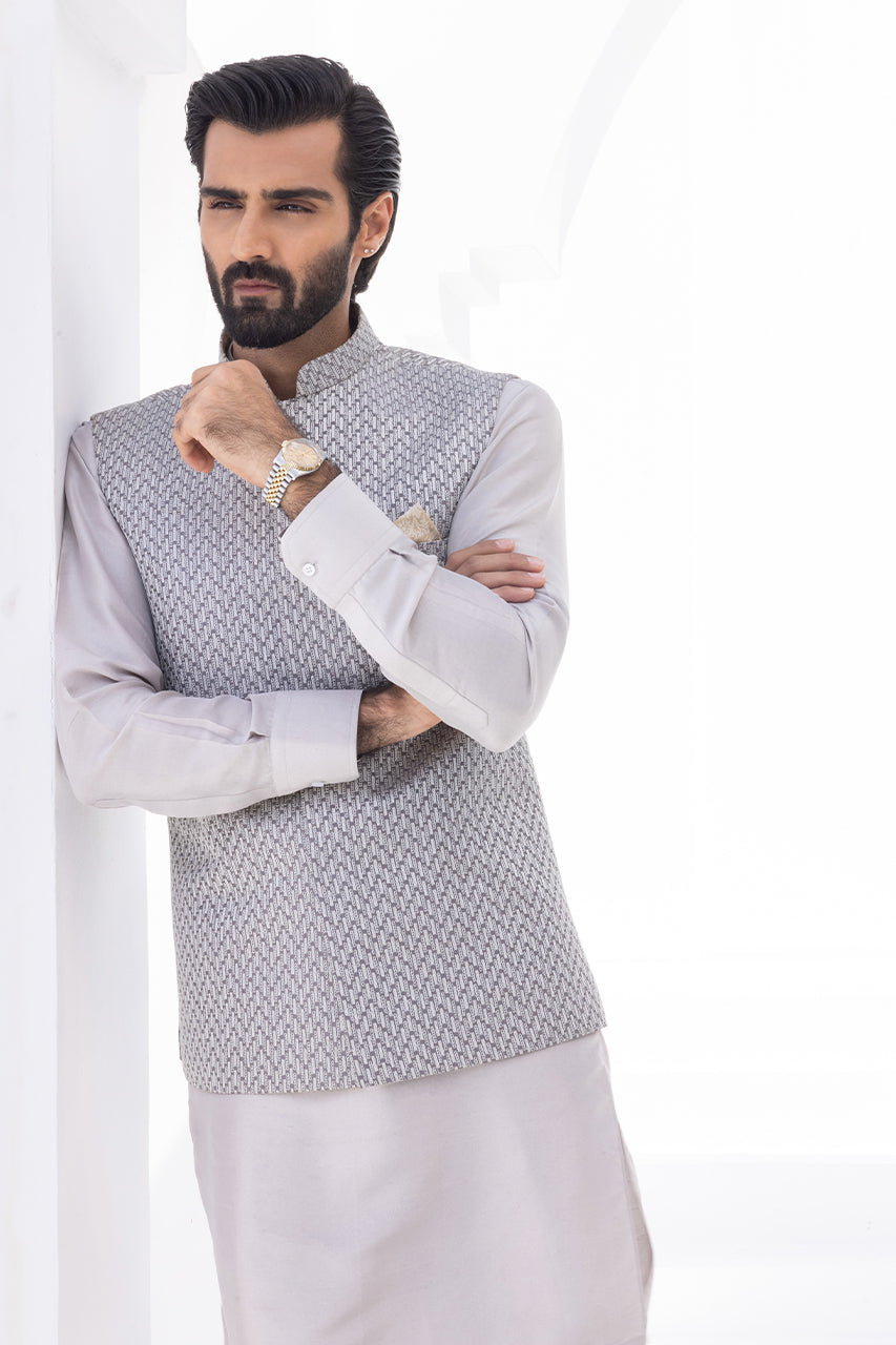 Light Slate Embroidered Raw Silk Waistcoat Kurta (3-Piece) - Image 4