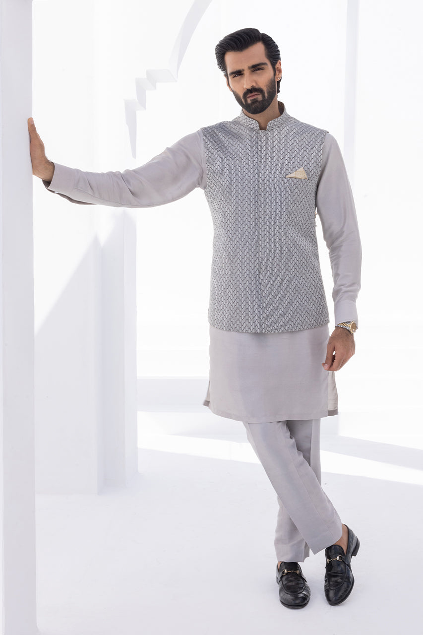 Light Slate Embroidered Raw Silk Waistcoat Kurta (3-Piece) - Image 6