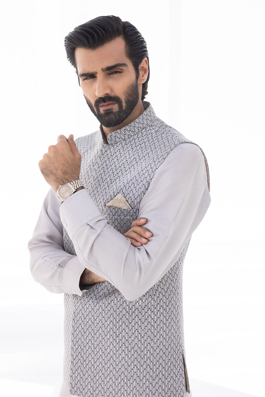 Light Slate Embroidered Raw Silk Waistcoat Kurta (3-Piece) - Image 2