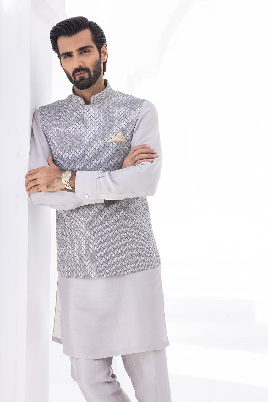Light Slate Embroidered Raw Silk Waistcoat Kurta (3-Piece) - Image 3