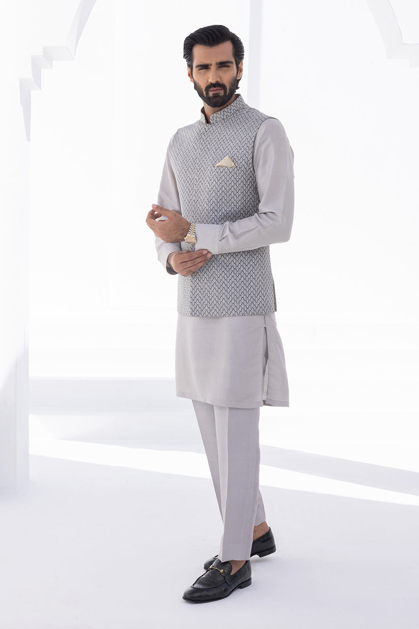 Light Slate Embroidered Raw Silk Waistcoat Kurta (3-Piece) - Image 5